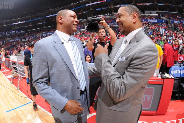 LOS ANGELES, CA - APRIL 19: Doc Rivers of the Los Angeles Clippers and Mark Jackson of the Golden State Warriors converse before Game One of the Western Conference Quarterfinals of the NBA Playoffs between at STAPLES Center on April 19, 2014 in Los Angeles, California. NOTE TO USER: User expressly acknowledges and agrees that, by downloading and/or using this Photograph, user is consenting to the terms and conditions of the Getty Images License Agreement. Mandatory Copyright Notice: Copyright 2014 NBAE (Photo by Andrew D. Bernstein/NBAE via Getty Images)