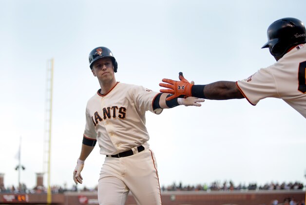 SAN FRANCISCO, CA - APRIL 29:  Buster Posey #28 of the San Francisco Giants is congratulated by Pablo Sandoval #48 after he hit a home run in the first inning against the San Diego Padres at AT&T Park on April 29, 2014 in San Francisco, California.  (Photo by Ezra Shaw/Getty Images)