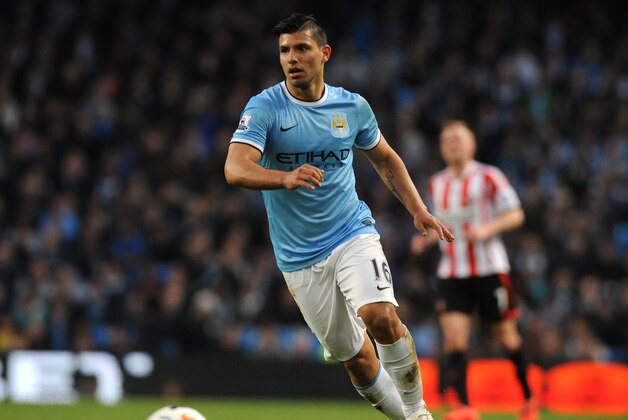 Manchester City's Sergio Aguero during the English Premier League soccer match between Manchester City and Sunderland at The Etihad Stadium, Manchester, England, Wednesday, April  16, 2014. (AP Photo/Rui Vieira)