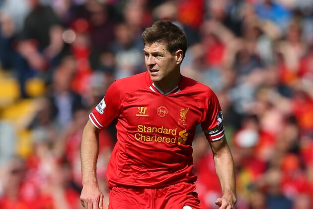 LIVERPOOL, ENGLAND - APRIL 27:  Steven Gerrard of Liverpool in action during the Barclays Premier League match between Liverpool and Chelsea at Anfield on April 27, 2014 in Liverpool, England.  (Photo by Clive Brunskill/Getty Images)