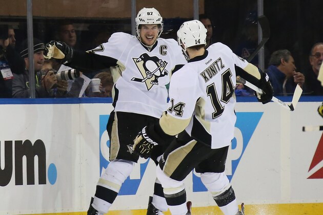 NEW YORK, NY - MAY 05: Sidney Crosby #87 of the Pittsburgh Penguins celebrates a second period goal with teammate Chris Kunitz #14 against the New York Rangers in Game Three of the Second Round of the 2014 NHL Stanley Cup Playoffs at Madison Square Garden on May 5, 2014 in New York City.  (Photo by Bruce Bennett/Getty Images)