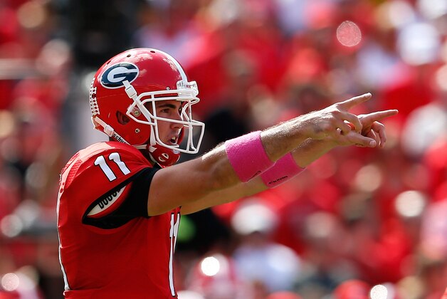 ATHENS, GA - OCTOBER 12:  Aaron Murray #11 of the Georgia Bulldogs points to the defense against the Missouri Tigers at Sanford Stadium on October 12, 2013 in Athens, Georgia.  (Photo by Kevin C. Cox/Getty Images)