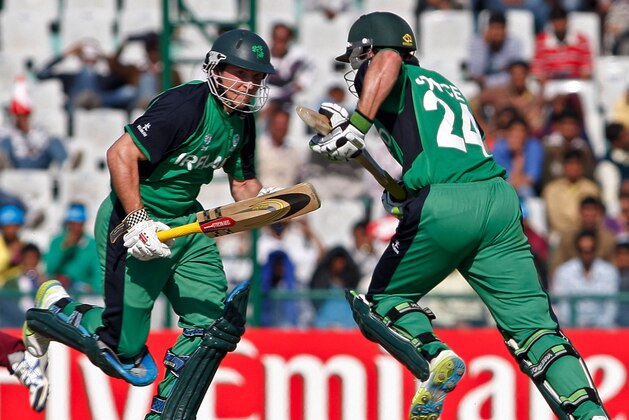 MOHALI, INDIA - MARCH 11:  Gary Wilson (L) and Ed Joyce of Ireland batting during the 2011 ICC World Cup Group B match between Ireland and the West Indies at Punjab Cricket Association Stadium on March 11, 2011 in Mohali, India.  (Photo by Graham Crouch/Getty Images)