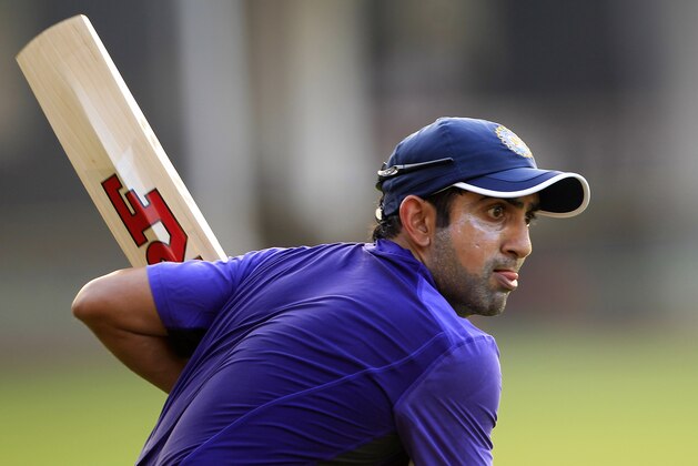 India's Gautam Gambhir  bats during a cricket practice session in Mumbai, India, Friday, Nov. 9, 2012. (AP Photo/Rajanish Kakade)