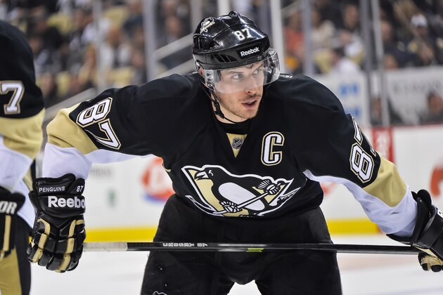 PITTSBURGH, PA - MAY 4:  Sidney Crosby #87 of the Pittsburgh Penguins waits to take a face off against the New York Rangers in Game Two of the Second Round of the 2014 NHL Stanley Cup Playoffs on May 4, 2014 at CONSOL Energy Center in Pittsburgh, Pennsylvania.  (Photo by Jamie Sabau/Getty Images)