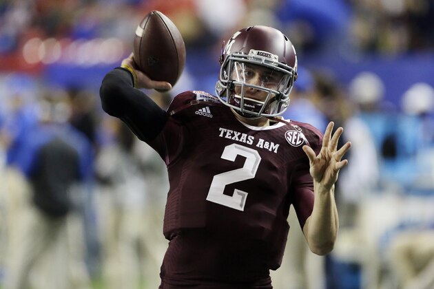 ADVANCE FOR WEEKEND EDITIONS, MAY 3-4 - FILE - In this Dec. 31, 2013, file photo, Texas A&M quarterback Johnny Manziel (2) warms up before the start of the Chick-fil-A Bowl NCAA college football game against Duke in Atlanta. Manziel is a 2012 Heisman Trophy winner was one of most exciting and productive players in college football history. He is a top prospect in the upcoming NFL draft. (AP Photo/John Bazemore, File)