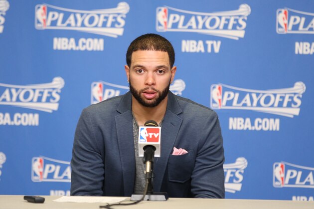 MIAMI, FL - MAY 6: Deron Williams #8 of the Brooklyn Nets addresses the media after Game One of the Eastern Conference Semi-Finals against the Miami Heat during the 2014 NBA Playoffs at American Airlines Arena on May 6, 2014 in Miami, Florida. NOTE TO USER: User expressly acknowledges and agrees that, by downloading and/or using this Photograph, user is consenting to the terms and conditions of the Getty Images License Agreement. Mandatory Copyright Notice: Copyright 2014 NBAE (Photo by Issac Baldizon/NBAE via Getty Images)