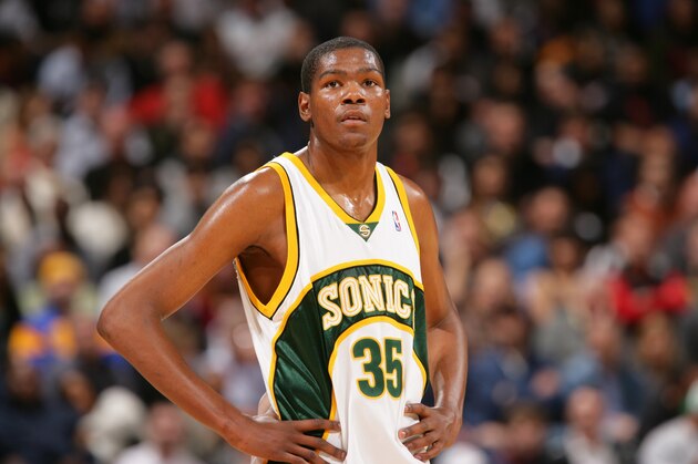 OAKLAND, CA - FEBRUARY 26:  Kevin Durant #35 of the Seattle SuperSonics looks on during the NBA game against the Golden State Warriors on February 26, 2008 at Oracle Arena in Oakland, California.  The Warriors won 105-99.  NOTE TO USER: User expressly acknowledges and agrees that, by downloading and/or using this Photograph, user is consenting to the terms and conditions of the Getty Images License Agreement. Mandatory Copyright Notice: Copyright 2008 NBAE  (Photo by Rocky Widner/NBAE via Getty Images)