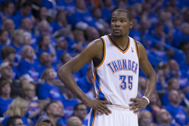 OKLAHOMA CITY, OK - MAY 5: Kevin Durant #35 of the Oklahoma City Thunder looks on in Game One of the Western Conference Semifinals against the Los Angeles Clippers during the 2014 NBA Playoffs at the Chesapeake Arena on May 5, 2014 in Oklahoma City, Oklahoma. NOTE TO USER:  User expressly acknowledges and agrees that, by downloading and/or using this photograph, user is consenting to the terms and conditions of the Getty Images License Agreement. Mandatory Copyright Notice:  Copyright 2014 NBAE (Photo by Richard Rowe/NBAE via Getty Images)