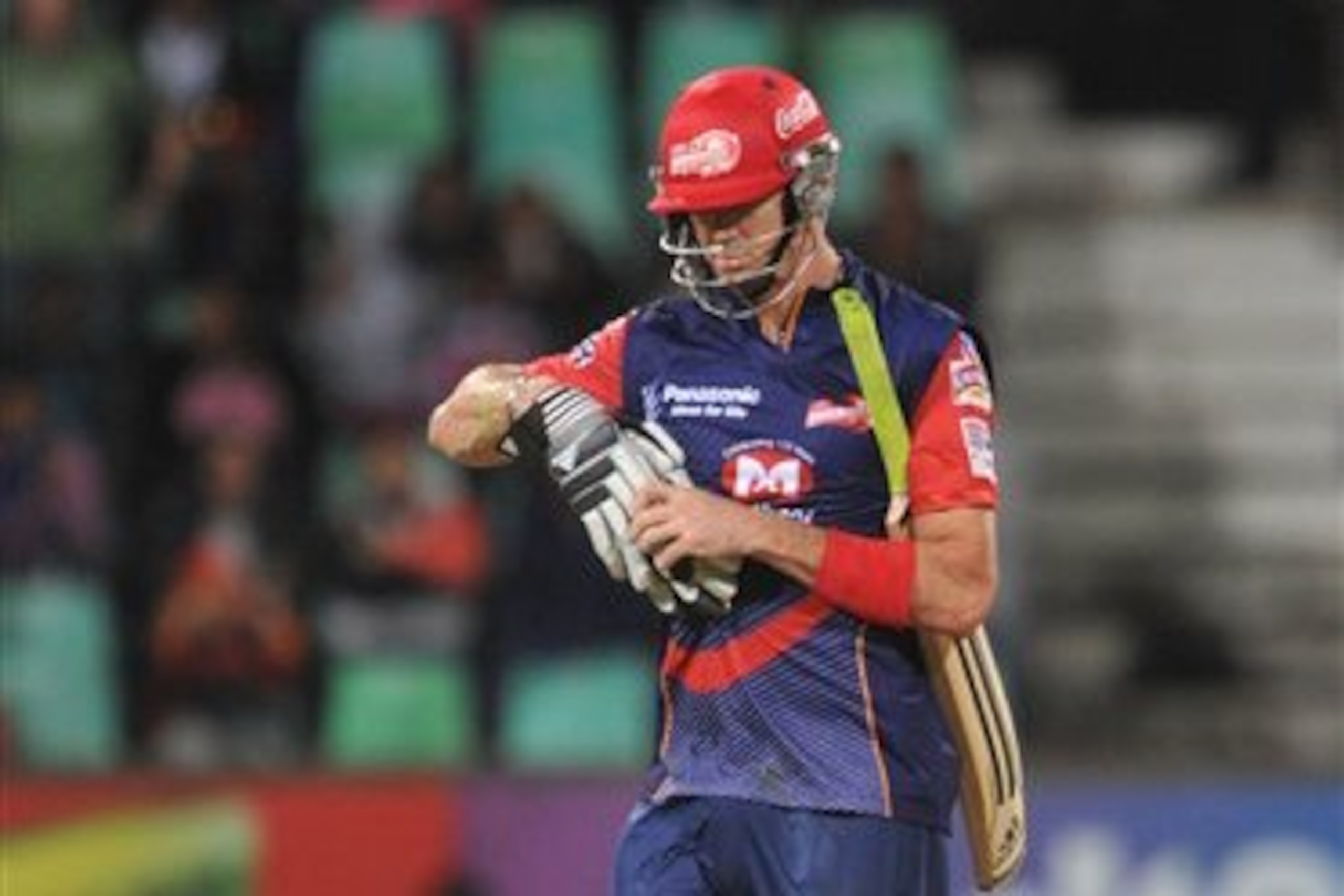 Kevin Pietersen of Delhi Daredevils leaves the field, out for 50 runs, during their Twenty20 semi-final against the Highveld Lions in Durban, South Africa, Thursday, Oct 25, 2012. (AP Photo)