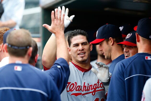 NEW YORK, NY - SEPTEMBER 12:  Wilson Ramos #40 of the Washington Nationals celebrates his fifth inning home run against the New York Mets with his teammates at Citi Field on September 12, 2013 in the Flushing neighborhood of the Queens borough of New York City. The Nationals defeated the Mets 7-2.  (Photo by Jim McIsaac/Getty Images)