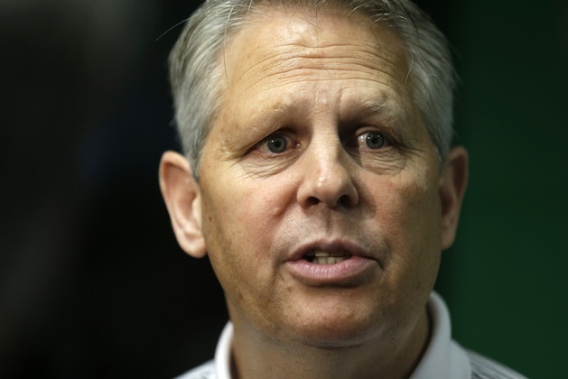 Boston Celtics general manager of basketball operations Danny Ainge faces reporters during a news conference in Boston, Monday, July 1, 2013. (AP Photo/Steven Senne)