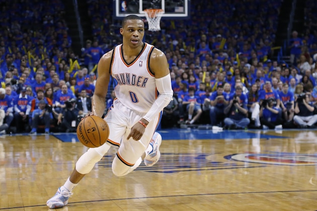 Oklahoma City Thunder guard Russell Westbrook (0) drives in the third quarter of Game 7 of an opening-round NBA basketball playoff series against the Memphis Grizzlies  in Oklahoma City, Saturday, May 3, 2014. Oklahoma City won 120-109. (AP Photo/Sue Ogrocki)