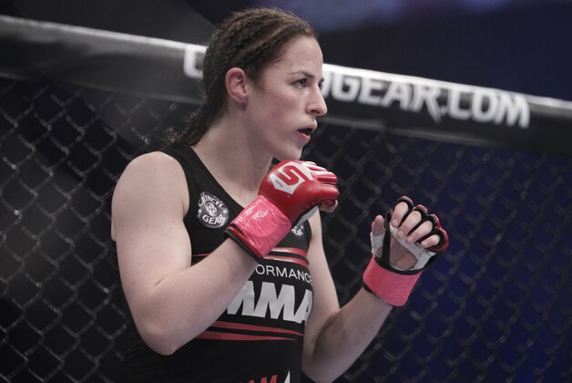 Sarah Kaufman before fighting Marloes Coenen, from the Netherlands, for the Strikeforce women's welterweight championship in San Jose, Calif., Saturday, Oct. 9, 2010. Coenen won by armbar submission in the third round. (AP Photo/Jeff Chiu)