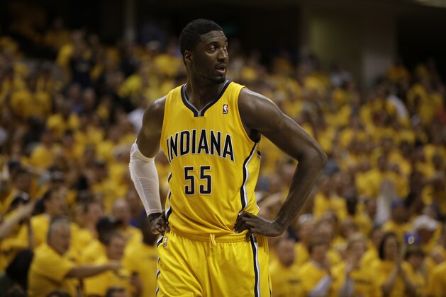 Indiana Pacers center Roy Hibbert (55) during Game 7 of a first-round NBA basketball playoff series between the Indiana Pacers and the Atlanta Hawks in Indianapolis, Saturday, May 3, 2014. The Pacers won 92-80. (AP Photo/AJ Mast)