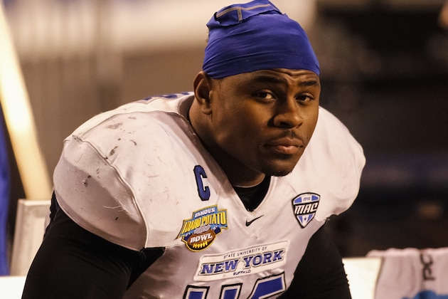 Buffalo linebacker Khalil Mack (46) watches the offense at work from the sideline during the second half of the Famous Idaho Potato Bowl NCAA college football game against San Diego State in Boise, Idaho, on Saturday, Dec. 21, 2013. San Diego State defeated Buffalo 49-24. (AP Photo/Otto Kitsinger)