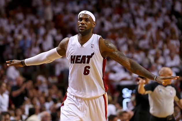 MIAMI, FL - MAY 06:  LeBron James #6 of the Miami Heat looks on during Game One of the Eastern Conference Semifinals of the 2014 NBA Playoffs against the Brooklyn Nets at American Airlines Arena on May 6, 2014 in Miami, Florida. NOTE TO USER: User expressly acknowledges and agrees that, by downloading and/or using this photograph, user is consenting to the terms and conditions of the Getty Images License Agreement. Mandatory copyright notice:  (Photo by Mike Ehrmann/Getty Images)
