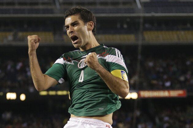 Mexico's Rafael Marquez celebrates his goal against Finland during the first half of a friendly soccer game Wednesday, Oct. 30, 2013, in San Diego. (AP Photo/Gregory Bull)