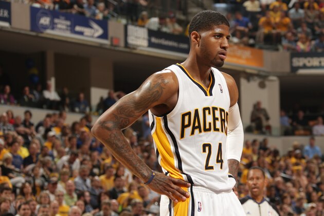 INDIANAPOLIS, IND - MAY 7: Paul George #24 of the Indiana Pacers looks on in Game Two of the Eastern Conference Semi-Finals against the Washington Wizards during the 2014 NBA Plaoffs at Bankers Life Fieldhouse on May 7, 2014 in Indianapolis, Indiana.  NOTE TO USER: User expressly acknowledges and agrees that, by downloading and or using this Photograph, user is consenting to the terms and condition of the Getty Images License Agreement. Mandatory Copyright Notice: 2014 NBAE  (Photo by Ron Hoskins/NBAE via Getty Images)
