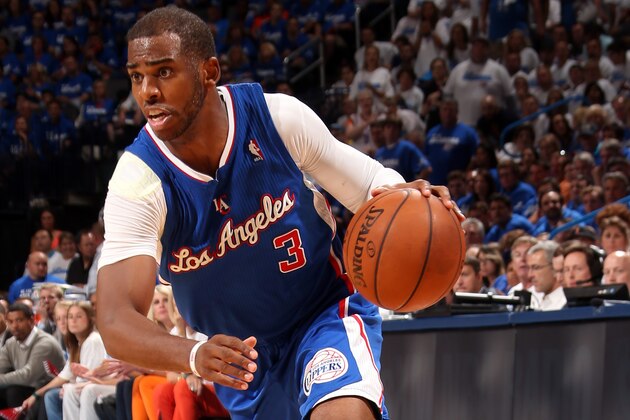 OKLAHOMA CITY, OK - May 7, 2014: Chris Paul #3 of the Los Angeles Clippers dribbles the ball against the Oklahoma City Thunder during Game 2 of the Western Conference Semifinals during the 2014 NBA Playoffs at the Chesapeake Arena on May 7, 2014 in Oklahoma City, Oklahoma. NOTE TO USER:  User expressly acknowledges and agrees that, by downloading and/or using this photograph, user is consenting to the terms and conditions of the Getty Images License Agreement. Mandatory Copyright Notice:  Copyright 2014 NBAE (Photo by Layne Murdoch/NBAE via Getty Images)
