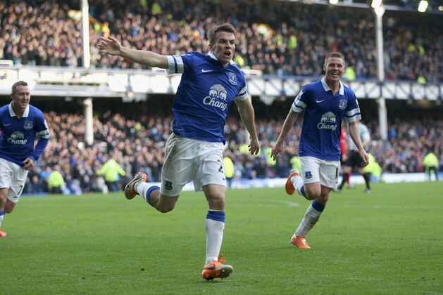 LIVERPOOL, ENGLAND - MARCH 15:  Seamus Coleman of Everton celebrates after scoring the winning goal during the Barclays Premier League match between Everton and Cardiff City at Goodison Park on March 15, 2014 in Liverpool, England.  (Photo by Clive Brunskill/Getty Images)