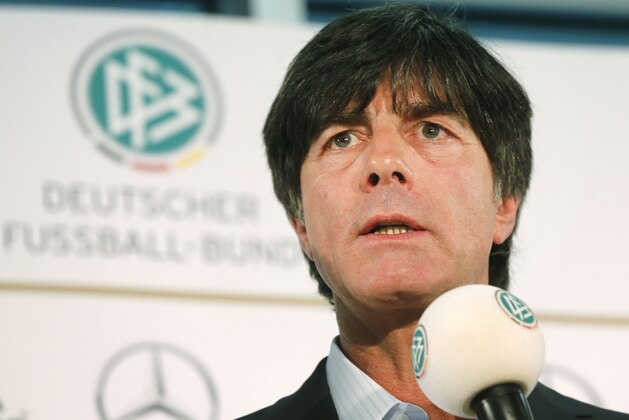 Coach of the German national soccer team Joachim Loew speaks during a press conference where he presents his preliminary team for the upcoming World Cup in Brazil in Frankfurt, Germany, Thursday, May 8, 2014. (AP Photo/Michael Probst)