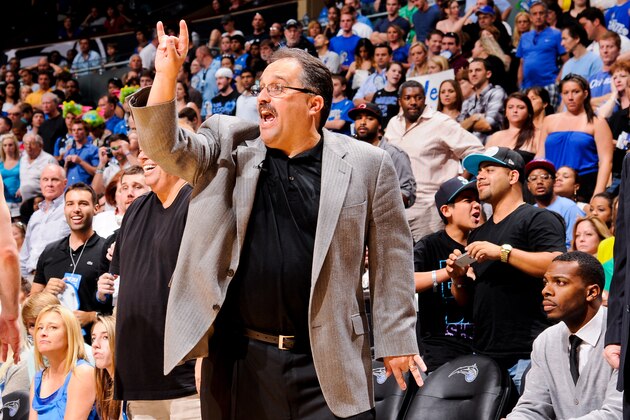 ORLANDO, FL - MAY 5: Stan Van Gundy, head coach of the Orlando Magic, directs his team against the Indiana Pacers in Game Four of the Eastern Conference Quarterfinals during the 2012 NBA Playoffs on May 5, 2012 at Amway Center in Orlando, Florida. NOTE TO USER: User expressly acknowledges and agrees that, by downloading and or using this photograph, user is consenting to the terms and conditions of the Getty Images License Agreement. Mandatory Copyright Notice: Copyright 2012 NBAE  (Photo by Fernando Medina/NBAE via Getty Images)