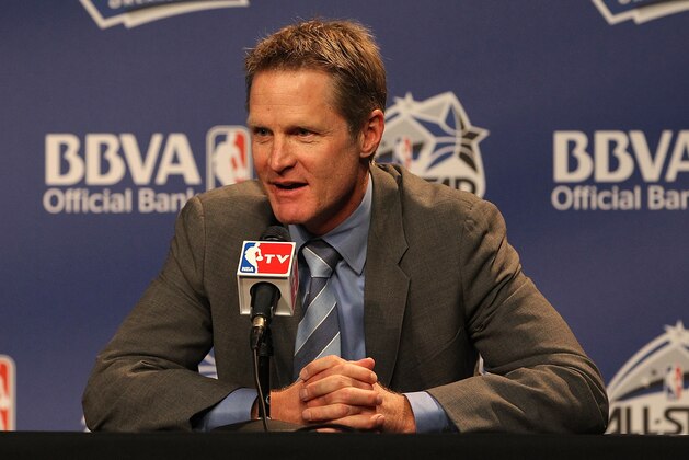 ORLANDO, FL - FEBRUARY 24:  Coach Steve Kerr of Team Shaq responds to reporters during a press conference prior to the BBVA Rising Stars Challenge as part of 2012 All-Star Weekend at the Amway Center on February 24, 2012 in Orlando, Florida. NOTE TO USER: User expressly acknowledges and agrees that, by downloading and/or using this photograph, user is consenting to the terms and conditions of the Getty Images License Agreement.  Mandatory Copyright Notice: Copyright 2012 NBAE (Photo by Gary Dineen/NBAE via Getty Images)