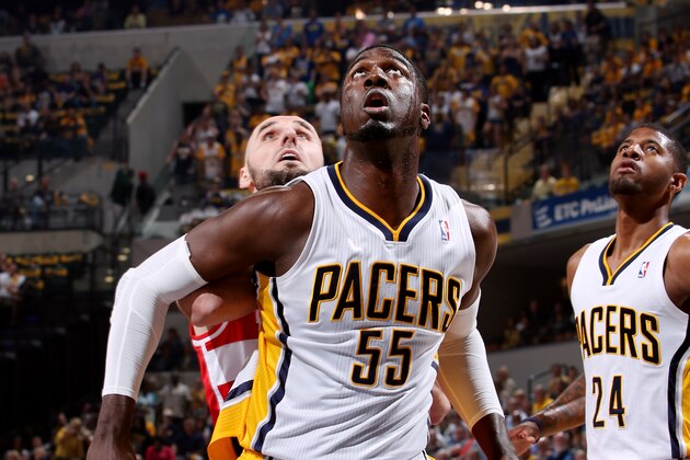 INDIANAPOLIS, Indiana - MAY 7: Roy Hibbert #55 of the Indiana Pacers battles for position against Marcin Gortat #4 of the Washington Wizards during Game Two of the Eastern Conference Semifinals on May 7, 2014 at Bankers Life Fieldhouse in Indianapolis, Indiana. NOTE TO USER: User expressly acknowledges and agrees that, by downloading and/or using this photograph, user is consenting to the terms and conditions of the Getty Images License Agreement.  Mandatory Copyright Notice: Copyright 2014 NBAE (Photo by Gary Dineen/NBAE via Getty Images)
