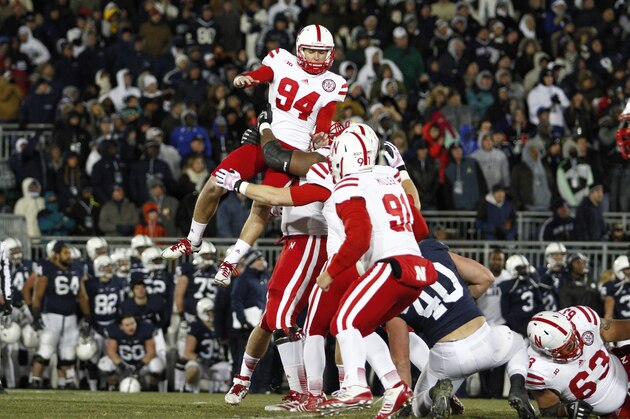 STATE COLLEGE, PA - NOVEMBER 23:  Pat Smith #94 of the Nebraska Cornhuskers celebrates after kicking the game winning overtime field goal against the Penn State Nittany Lions during the game on November 23, 2013 at Beaver Stadium in State College, Pennsylvania.  (Photo by Justin K. Aller/Getty Images)