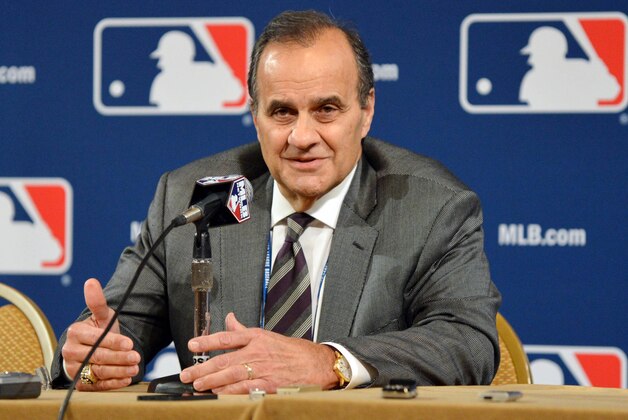 Dec 3, 2012; Nashville, TN, USA; MLB executive vice president of baseball operations Joe Torre answers questions from the media during the Major League Baseball winter meetings at the Gaylord Opryland Hotel. Mandatory credit: Don McPeak-USA Today Sports