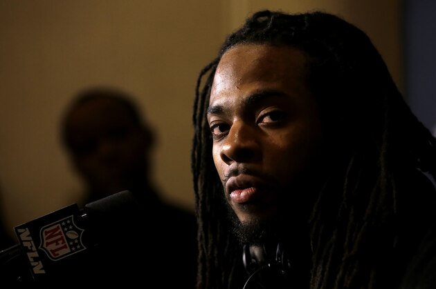 Seattle Seahawks cornerback Richard Sherman speaks during a news conference Sunday, Jan. 26, 2014, in Jersey City, N.J. The Seahawks and the Denver Broncos are scheduled to play in the Super Bowl XLVIII football game Sunday, Feb. 2, 2014. (AP Photo/Jeff Roberson)