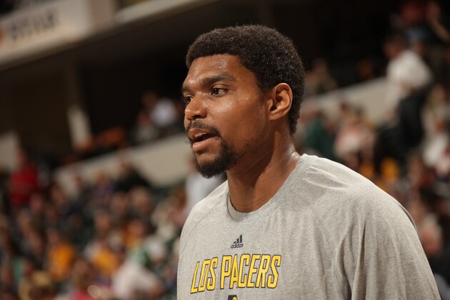 INDIANAPOLIS - MARCH 11: Andrew Bynum #17 of the Indiana Pacers warms up before the game against the Boston Celtics at Bankers Life Fieldhouse on March 11, 2014 in Indianapolis, Indiana.  NOTE TO USER: User expressly acknowledges and agrees that, by downloading and or using this Photograph, user is consenting to the terms and condition of the Getty Images License Agreement. Mandatory Copyright Notice: 2014 NBAE  (Photo by Ron Hoskins/NBAE via Getty Images)