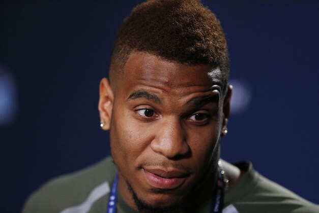 Feb 20, 2014; Indianapolis, IN, USA; North Carolina Tar Heels tight end Eric Ebron speaks at a press conference during the 2014 NFL Combine at Lucas Oil Stadium. Mandatory Credit: Brian Spurlock-USA TODAY Sports