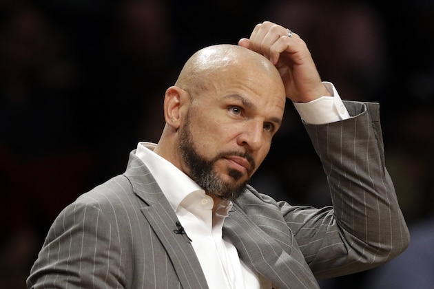 Brooklyn Nets' Jason Kidd scratches his head during the second half of the Nets' NBA basketball game against the New York Knicks on Tuesday, April 15, 2014, in New York. The Knicks won 109-98. (AP Photo/Frank Franklin II)