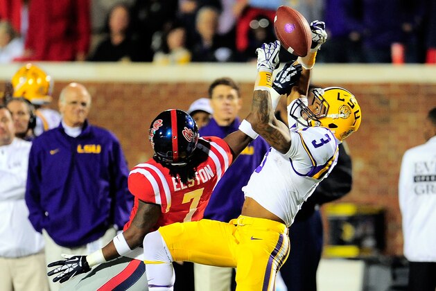 OXFORD, MS - OCTOBER 19:  Trae Elston #7 of the Ole Miss Rebels defends a pass intended for Odell Beckham Jr. #3 of the LSU Tigers during a game at Vaught-Hemingway Stadium on October 19, 2013 in Oxford, Mississippi.  (Photo by Stacy Revere/Getty Images)