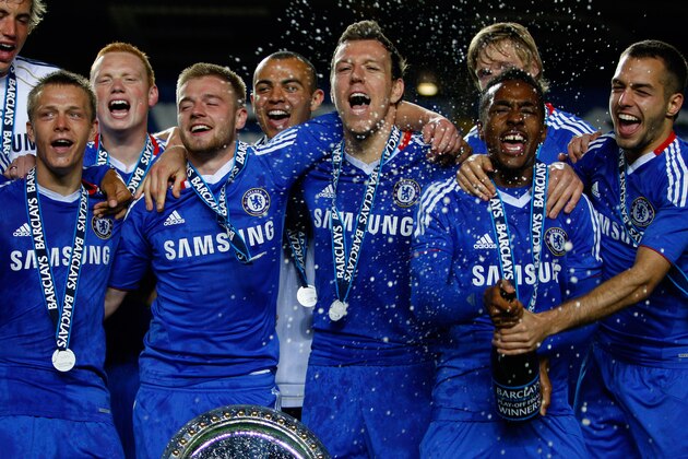 LONDON, ENGLAND - MAY 16:  Chelsea players celebrate after winning the Barclays Premier Reserve League Play-Off Final against Blackburn Rovers at Stamford Bridge on May 16, 2011 in London, England.  (Photo by Dan Istitene/Getty Images)