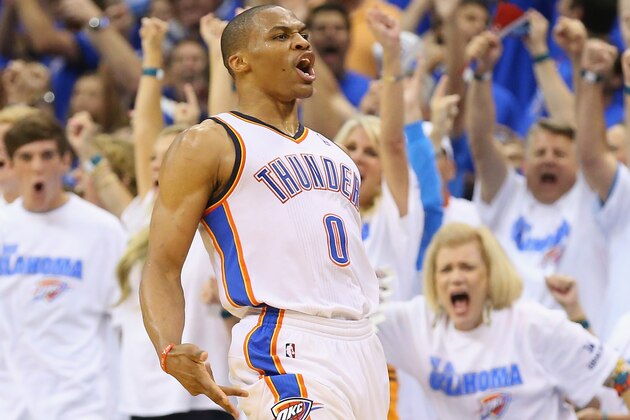 OKLAHOMA CITY, OK - MAY 07:  Russell Westbrook #0 of the Oklahoma City Thunder celebrates a three-point shot against the Los Angeles Clippers in Game Two of the Western Conference Semifinals during the 2014 NBA Playoffs at Chesapeake Energy Arena on May 7, 2014 in Oklahoma City, Oklahoma. NOTE TO USER: User expressly acknowledges and agrees that, by downloading and or using this photograph, User is consenting to the terms and conditions of the Getty Images License Agreement.  (Photo by Ronald Martinez/Getty Images)