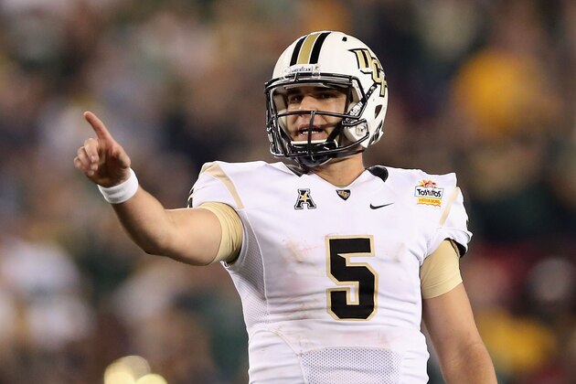 GLENDALE, AZ - JANUARY 01:  Quarterback Blake Bortles #5 of the UCF Knights during the Tostitos Fiesta Bowl against the Baylor Bears at University of Phoenix Stadium on January 1, 2014 in Glendale, Arizona.  (Photo by Christian Petersen/Getty Images)