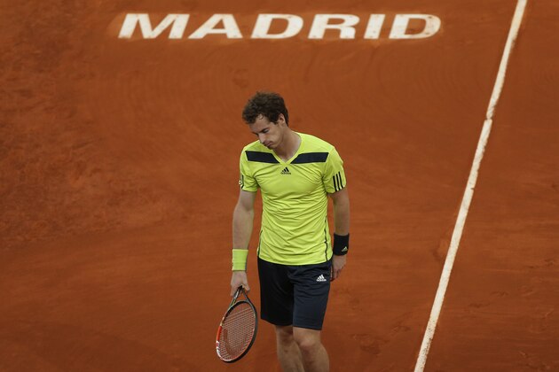 Britain's Andy Murray gestures during a Madrid Open tennis tournament match against Nicolas Almagro from Spain, in Madrid, Spain, Wednesday, May 7, 2014. (AP Photo/Andres Kudacki)