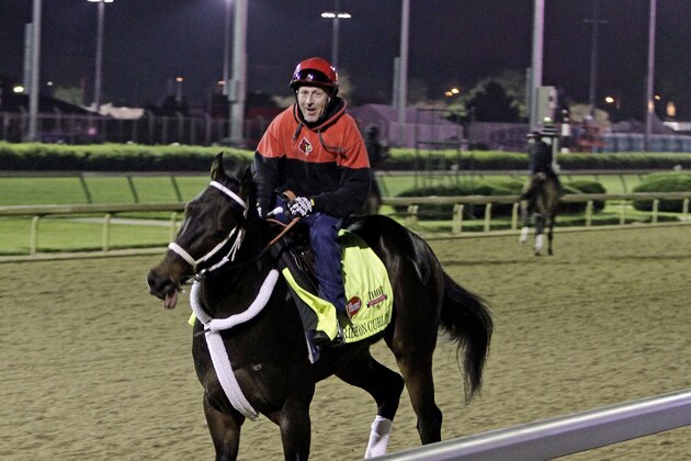 Exercise rider Bryan Beccia takes Kentucky Derby entrant Ride On Curlin for a morning workout at Churchill Downs Saturday, May 3, 2014, in Louisville, Ky. (AP Photo/Garry Jones)