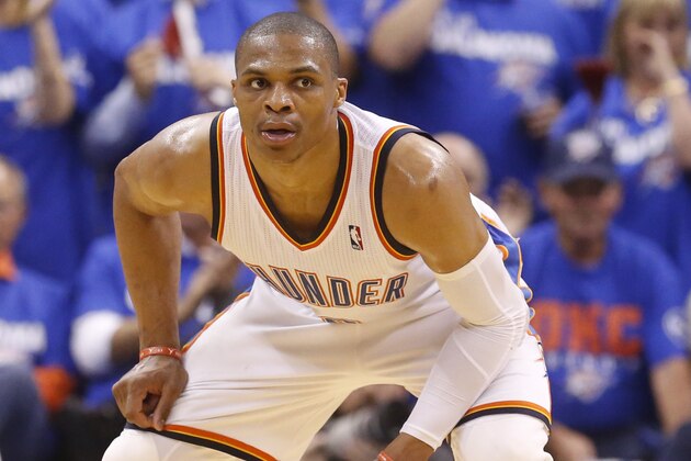 Oklahoma City Thunder guard Russell Westbrook (0) is pictured in the third quarter of Game 2 of the Western Conference semifinal NBA basketball playoff series against the Los Angeles Clippers in Oklahoma City, Wednesday, May 7, 2014. Oklahoma City won 112-101. (AP Photo/Sue Ogrocki)