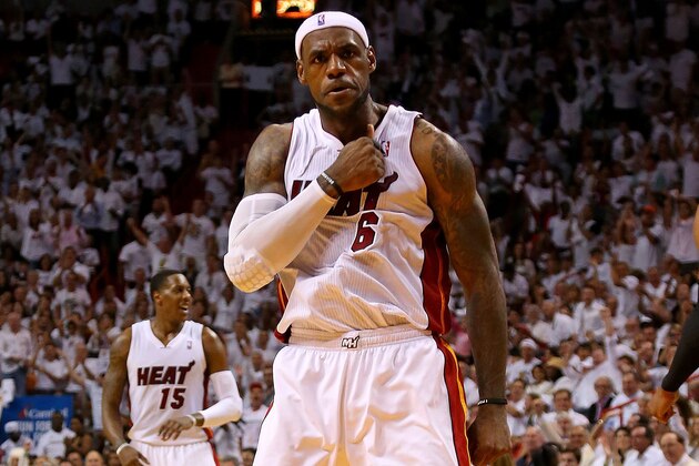 MIAMI, FL - MAY 06:  LeBron James #6 of the Miami Heat reacts to a play during Game One of the Eastern Conference Semifinals of the 2014 NBA Playoffs against the Brooklyn Nets at American Airlines Arena on May 6, 2014 in Miami, Florida. NOTE TO USER: User expressly acknowledges and agrees that, by downloading and/or using this photograph, user is consenting to the terms and conditions of the Getty Images License Agreement. Mandatory copyright notice:  (Photo by Mike Ehrmann/Getty Images)