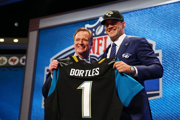 NEW YORK, NY - MAY 08:  Blake Bortles of the UCF Knights poses with NFL Commissioner Roger Goodell after he was picked #3 overall by the Jacksonville Jaguars during the first round of the 2014 NFL Draft at Radio City Music Hall on May 8, 2014 in New York City.  (Photo by Elsa/Getty Images)