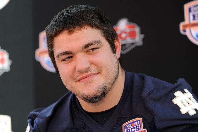 Jan 5, 2013; Miami FL, USA; Notre Dame Fighting Irish offensive tackle Zack Martin (70) speaks to the media during media day for the 2013 BCS Championship game at Sun Life Stadium. Mandatory Credit: Steve Mitchell-USA TODAY Sports
