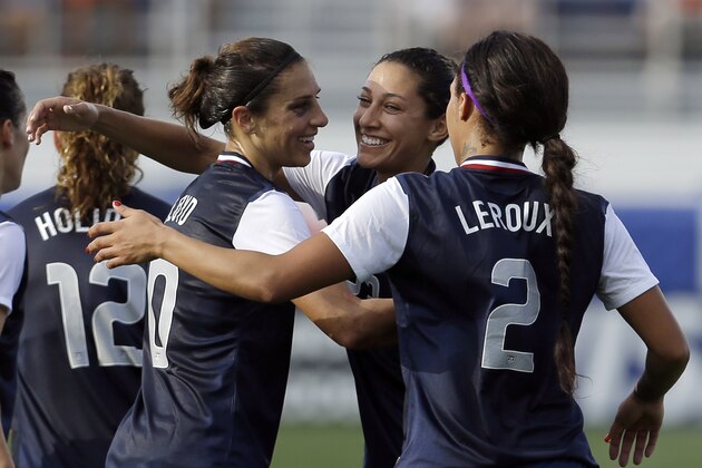 United States' Carli Lloyd (10) is congratulated by teammates Christen Press, center, and Sydney Leroux (2) after Lloyd scored against Russia during a friendly  international soccer match in Boca Raton, Fla., Saturday, Feb. 8, 2014. The U.S. won 7-0. (AP Photo/Alan Diaz)
