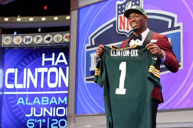 May 8, 2014; New York, NY, USA; Ha Ha Clinton-Dix (Alabama) poses for photos after being selected as the number twenty-one overall pick in the first round of the 2014 NFL Draft to the Green Bay Packers at Radio City Music Hall. Mandatory Credit: Adam Hunger-USA TODAY Sports