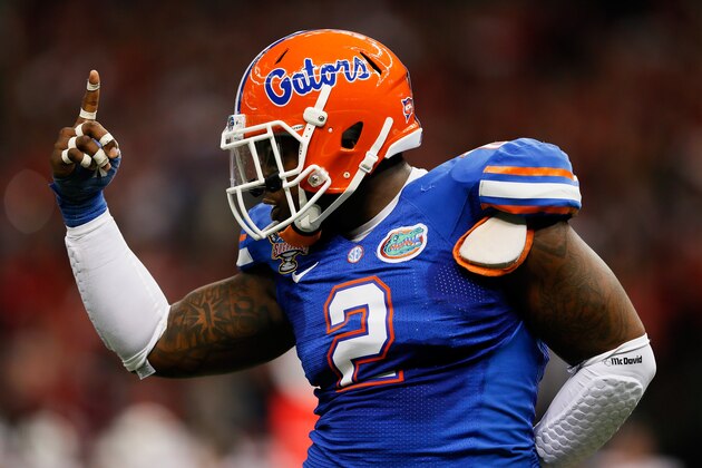 NEW ORLEANS, LA - JANUARY 02:  Dominique Easley #2 of the Florida Gators celebrates after sacking Teddy Bridgewater #5 of the Louisville Cardinals in the first quarter of the Allstate Sugar Bowl at Mercedes-Benz Superdome on January 2, 2013 in New Orleans, Louisiana.  (Photo by Kevin C. Cox/Getty Images)