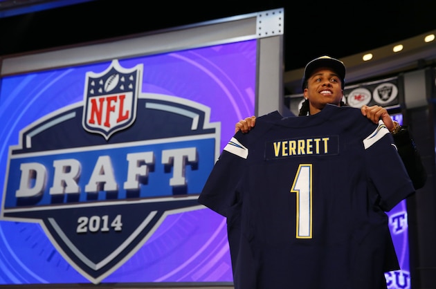 NEW YORK, NY - MAY 08:  Jason Verrett of the TCU Horned Frogs poses with a jersey after he was picked #25 overall by the San Diego Chargers during the first round of the 2014 NFL Draft at Radio City Music Hall on May 8, 2014 in New York City.  (Photo by Elsa/Getty Images)