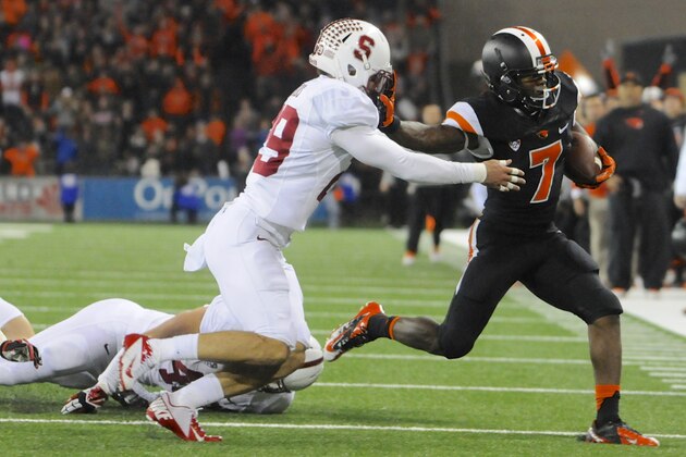 Oregon State's Brandin Cooks (7) runs against Stanford's Ed Reynolds (29) during the second half of an NCAA college football game in Corvallis, Ore., Saturday Oct. 26, 2013. Stanford beat Oregon State 20-12. (AP Photo/Greg Wahl-Stephens)